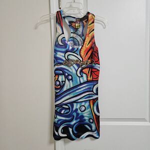Ed Hardy Womens Small Racerback Tank Top Dress Tatoo Koi Fish Log All Over Print